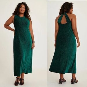 Anthropologie Maeve Crinkled Velvet Midi Dress size XL Green Twist Back NWT